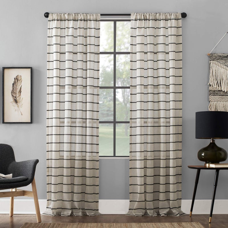 Clean Window Twill Stripe Anti-Dust Allergy/Pet Friendly Anti-Dust Sheer Curtain Panel, 52" x 84, Black/Linen - Image 1